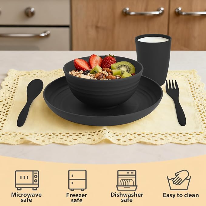 Wheat Straw Dinnerware Sets, Unbreakable Kids Plates and Bowls Sets 20-Piece Service for 4, Alternative Plastic Outdoor Camping Dishes, Microwave & Dishwasher Safe - Black