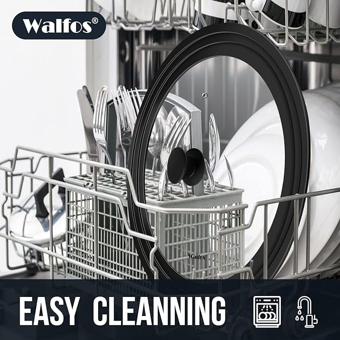 Walfos 2 Pcs Universal Pot Lids, Frying Pan Lid with Heat Resistant Silicone Rim, Fits All 10", 11", 12" to 13", 14", 15" Diameter Cookware, Pots, Pans and Skillets, BPA Free and Dishwasher Safe
