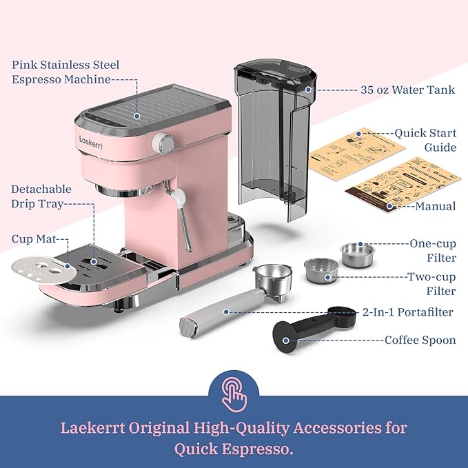 Laekerrt Professional Espresso Machine 20 Bar, Espresso Maker with Milk Frother Steam Wand, Stainless Steel Home Coffee Machines for Cappuccino and Latte, Gift for Women Wife Daughter or Mom, Pink