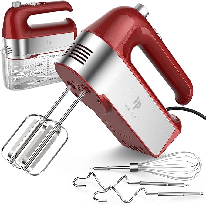 Hand Mixer Electric, 450W Kitchen Mixers with Scale Cup Storage Case, Turbo Boost/Self-Control Speed + 5 Speed + Eject Button + 5 Stainless Steel Accessories, For Easy Whipping Dough, Cream, Red