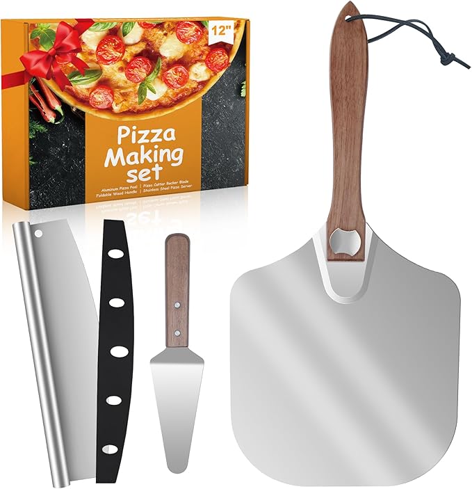 Pizza Peel Aluminum Pizza Spatula,14x 16" Metal Pizza Paddle with Foldable Wooden Handle,Pizza Rocker Cutter,Pizza Server,for Pizza Oven(Gift-Ready)