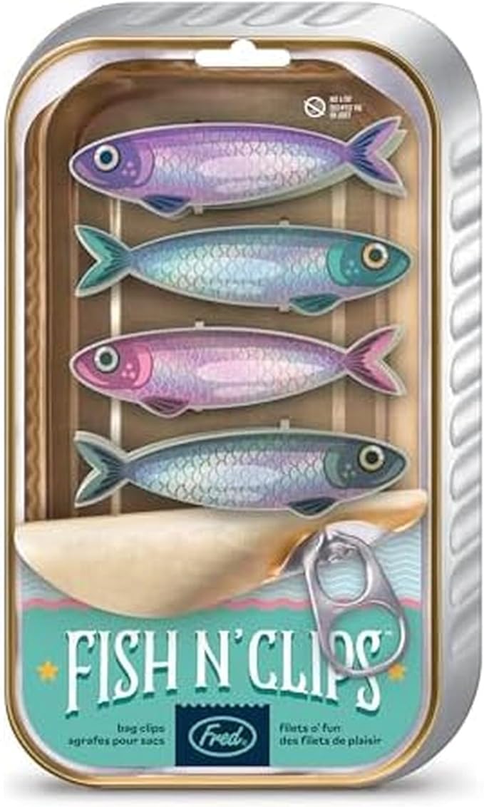Genuine Fred FISH 'N CLIPS Sardine Bag Clips, Set of 4 Food Storage Clips, Iridescent Finish, Double-Sided, Durable Plastic and Stainless Steel Springs, Fun Kitchen Accessories and Great Gift