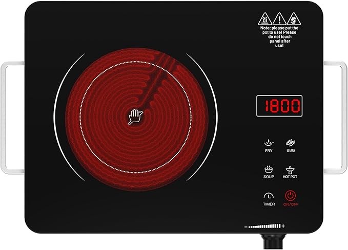 Portable Electric Cooktop 110V, 1800W Electric Stove Infrared Hot Plate with Knob Control, Nafewin Single Burner Countertop Burner with Handle, 4-Hours Timing Setting, Compatible for All Cookwares