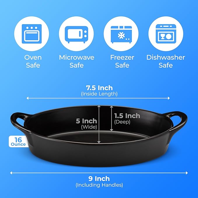Oval Au Gratin Baking Dishes for Oven Safe and Microwave Cooking and Baking, 4 Pc. Set, Heat Resistant Ceramic with Handles for Serving, Small Mini Casserole Dish, 8" x 5", 16 oz, Matte Black