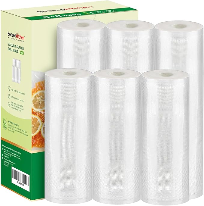 Bonsenkitchen 3 Rolls 11" x 16' + 3 Rolls 8" x 16' Vacuum Sealer Bags for Food with a Color Box, Easy to Store, Commercial Grade, BPA Free, Great for Food Storage or Sous Vide, VB22