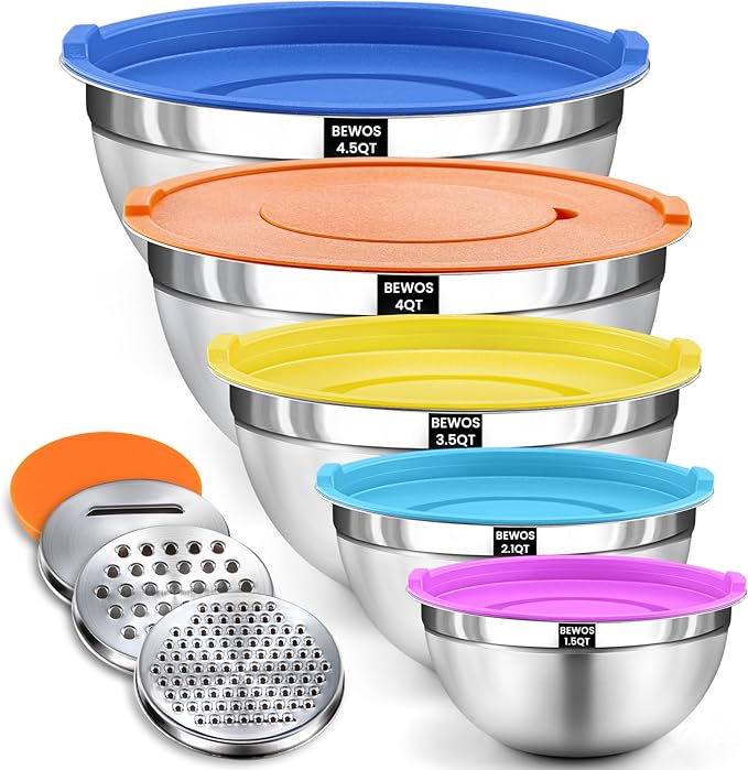 BEWOS Mixing Bowls with Lids Set - 5 Pcs Stainless Steel Mixing Bowls With 3 Grater Attachments, Size 4.5, 4, 3.5, 2.1, 1.5QT Metal Bowls for Baking and Serving (Colored)