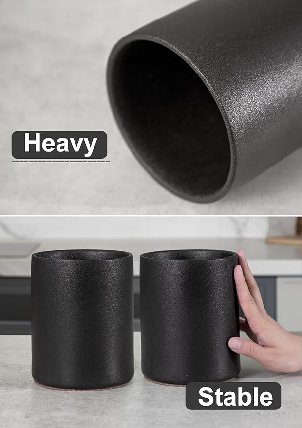 Nucookery Utensil Holder, 6.4" Ceramic Kitchen Utensil Holder with Countertop-Protection Cork Bottom, Farmhouse Kitchen Decor for Counter, Christmas Gift (Stone Black)