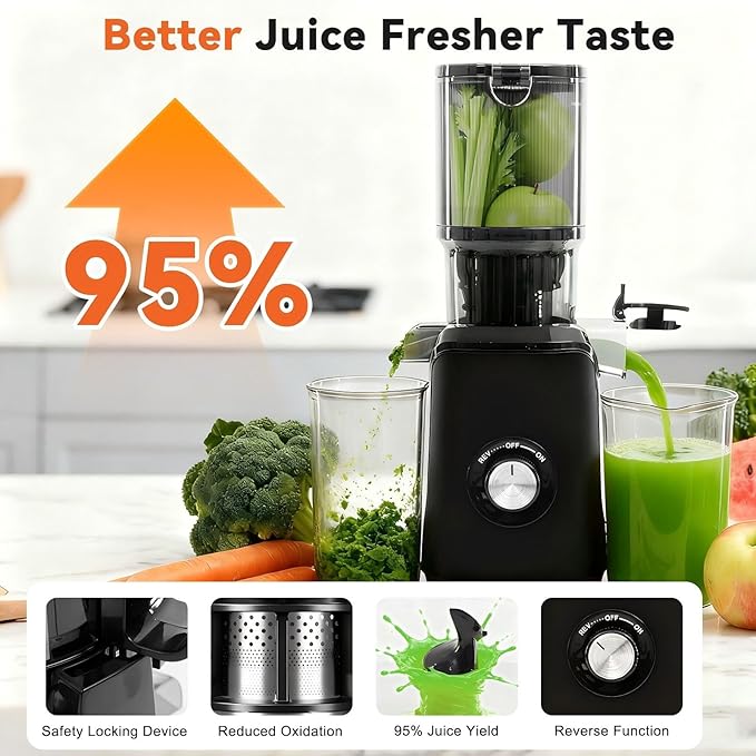 NEWBULIG Cold Press Juicer Machines, Masticating Juicer with High Juice Yield, Reverse Function, Stops Oxidation and Easy to Clean for Vegetables & Fruits, Black