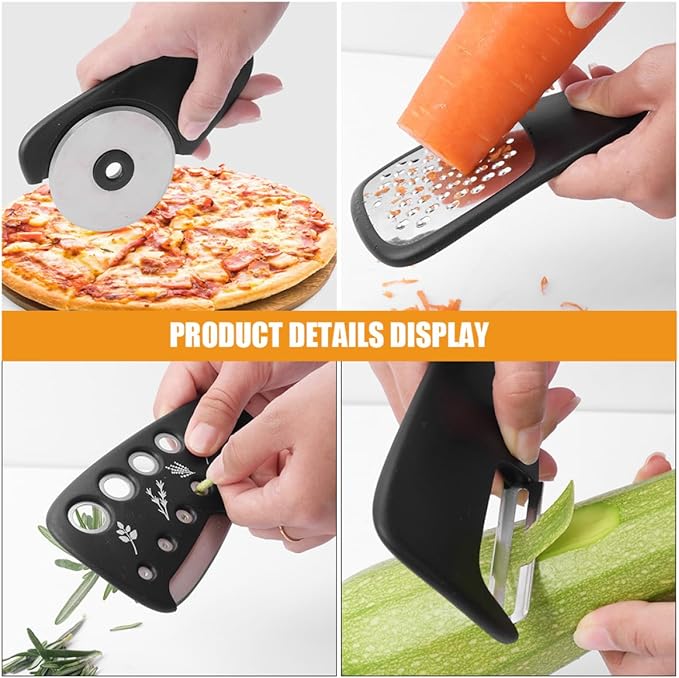 Multipurpose Kitchen Gadget Set with Butter Grater, Garlic Grinder, Fruit and Vegetable Peeler, Pizza Cutter – Stainless Steel Tools for Home Cooking and Camping Use
