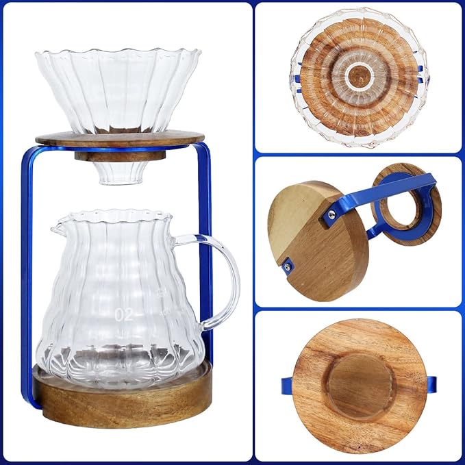 SOTECH Pour Over Coffee Dripper Stand with Metal Stand Wooden Filter Holder Glass Server with Paper Coffee Filters, Coffee Maker Stand Set for Coffee Tea and Saffron