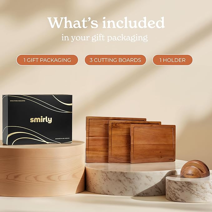 SMIRLY Wood Cutting Boards for Kitchen Wooden Chopping Board Set Reversible with Deep Juice Grooves Grip Handles, Large Charcuterie Tray, Ideal for Chopping Meat Vegetables Teak Wood, 3Pcs with Holder