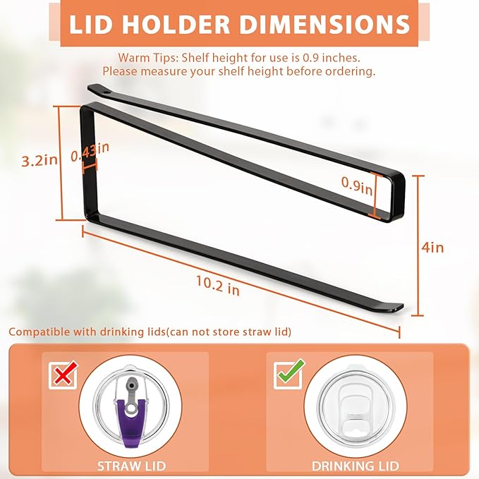 Tumbler Lid Organizer, Horizontal Tumbler Lid Storage Hook Up to 10 Lids, Space Saving Cup Lid Holders Under Cabinet Tumbler Lid Hook for Kitchen Organizer and Storage,Hanging Paper Towel Rack Hanger