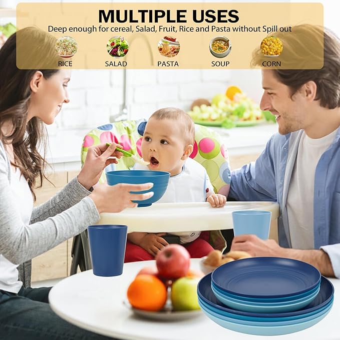 Rubtlamp 16pcs Wheat Straw Dinnerware Set, Unbreakable Plates And Bowls Sets of 4, Plastic Plates Set Reusable (Light Deep Four Colors) Daily