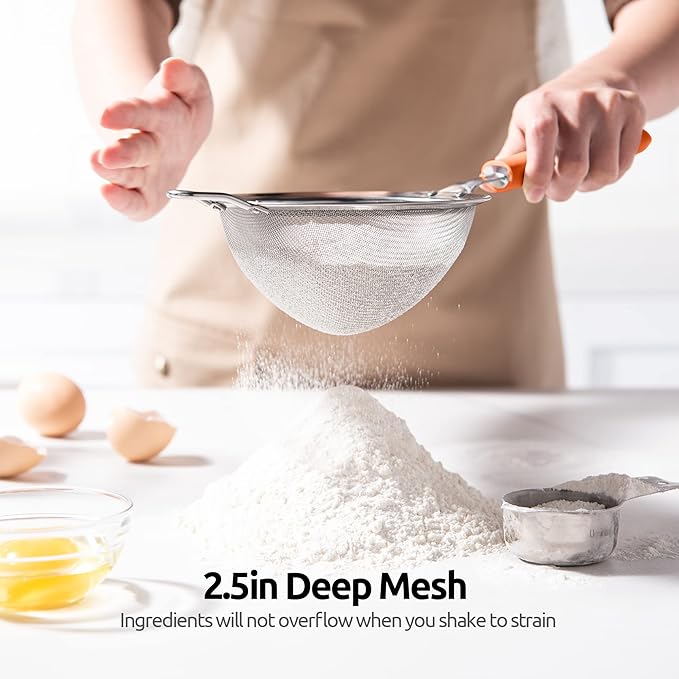 18/8 Stainless Steel Mesh Strainer: U-Taste 5.5 Inch Kitchen Fine Mesh Sieve Food Colander with Riveted Sturdy Silicone Handle and 30 Mesh Hole for Straining Flour, Pasta, Fruit, Quinoa (Orange)
