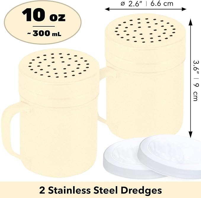 CUSINIUM 10oz Beige Stainless Steel Salt Pepper Dredge Shakers - With Plastic Cap - With Handle - Pack of 2