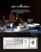 Famiware Star 24-Piece Plates and Bowls Set with Trim, Service for 8 - Stoneware Reactive Glaze Dinnerware, High Edge Ribbed Dishes, Chip & Scratch Resistant, Microwave & Dishwasher Safe, Deep Forest