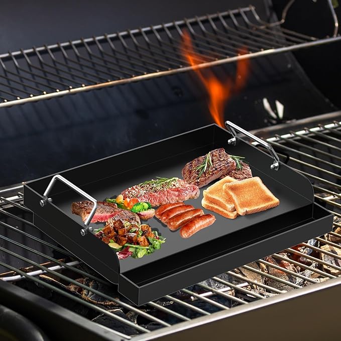 17" x 13" Nonstick Grill Griddle for Most Gas Grills, Universal Flat Top Griddle for Charcoal/Gas Stove, Cooking Griddle Plate with Removable Handles & Grease Groove for Camping, Tailgating, Parties
