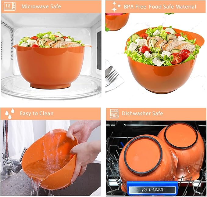 BoxedHome Nesting Plastic Mixing Bowl Set, 4 Piece Mixing Bowl Set with Pour Spouts, Size 1.7, 2.5, 3.5 and 4.5qt, for Prepping, Mixing, Baking, Cooking, Brownish Orange
