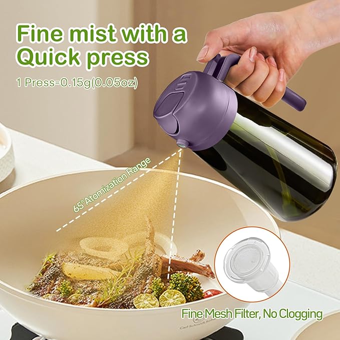 YARRAMATE 16oz/470ml Dark Green Oil Sprayer for Cooking with Stickers, Food-grade Premium 2 in 1 Olive Oil Dispenser Bottle for Kitchen Gadgets, Air Fryer, Salad, Frying, BBQ (Purple)