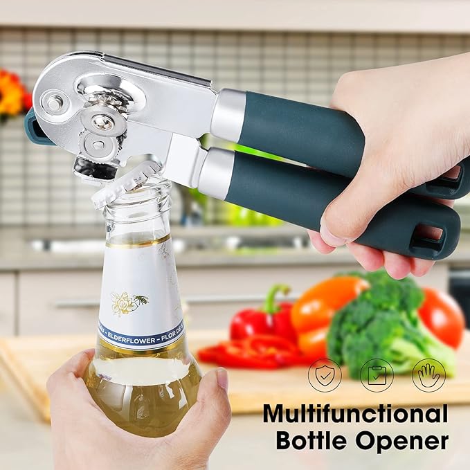 Beneno Heavy Duty Hand Can Opener Manual with Magnet, Durable Sharp Carbon Steel Blade Smooth Cutting, Big Effort-Saving Knob & Soft Grip Handle, Multifunctional Kitchen Tool with Bottle Opener, Green