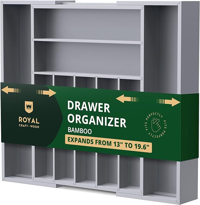 ROYAL CRAFT WOOD Luxury Bamboo Kitchen Drawer Organizer - Silverware Organizer - Utensil Holder and Cutlery Tray with Grooved Drawer Dividers for Flatware and Kitchen Utensils (9 Slot, Gray)