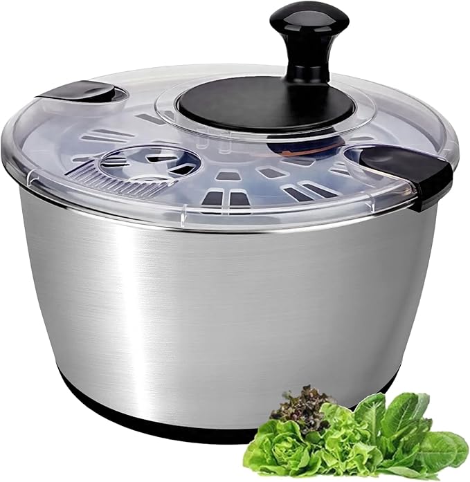 Stainless Steel Salad Spinner, 6.34Qt Large Lettuce Dryer, BPA-Free Vegetable & Fruit Washer with Drain, Easy Clean, Non-Slip Base, Transparent Lid