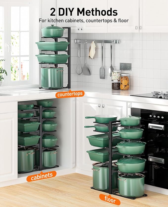 ORDORA 10-Tier Pots and Pans Organizer under Cabinet, Kitchen Cabinet Organizers and Storage, Heavy Duty Pots and Pan Storage Rack Organizer inside Cabinet, Adjustable