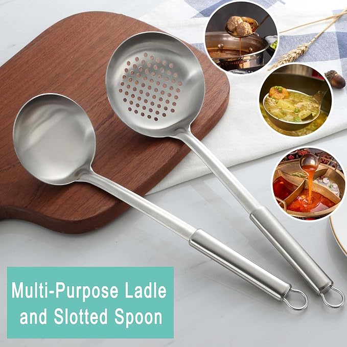 Pleafind 2-Pcs Ladle and Slotted Spoon, Soup Ladle and Strainer Spoons, Stainless Steel Cooking Spoon and Skimmer Spoons, Kitchen Utensils, Wok Utensils for Home and Restaurant, Dishwasher Safe