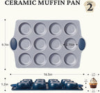 BRONYPRO Ceramic Muffin Pan, 12-Cup Nonstick Aluminized Steel Cupcake Pans, Healthy Non-Toxic Ceramic Coating Muffin tin, 2 Pack Cup Cake Pans for Baking Blue