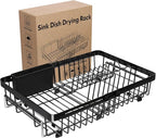 MAJALiS Expandable Stainless Steel Over The Sink Dish Drying Rack for Small Kitchen Counter Space Saving, Compact RV Plate Drainer Strainer in Black Wire Metal with Hanging Adjustable Utensil Holder