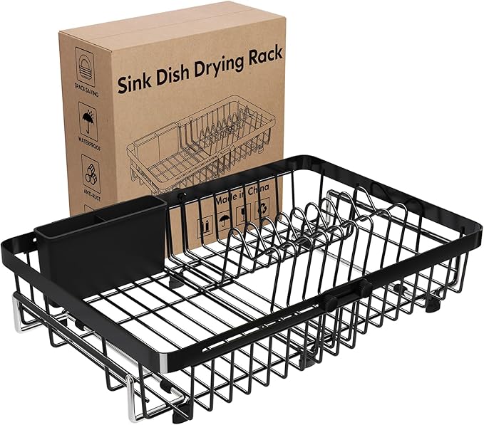 MAJALiS Expandable Stainless Steel Over The Sink Dish Drying Rack for Small Kitchen Counter Space Saving, Compact RV Plate Drainer Strainer in Black Wire Metal with Hanging Adjustable Utensil Holder