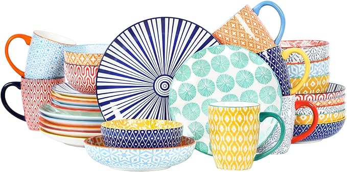 Selamica 30-Pieces Ceramic Dinnerware Sets for 6, Scratch Resistant Plates and Bowls Sets, Microwave and Dishwasher Safe, Assorted Colors A