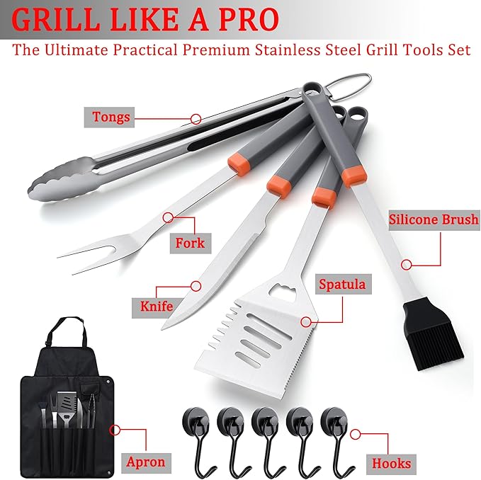 11-Piece Grill Tools Set, BBQ Grilling Accessories with Tongs & Spatua, Stainless Steel Portable Grill Tools Kit with Hooks & Apron Storage Bag for Camping, Grilling Gifts for Men Dad