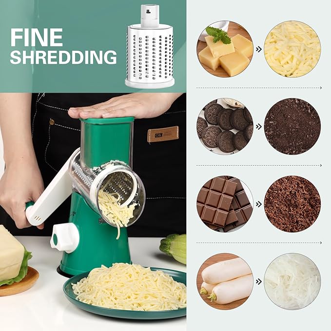 Cambom Rotary Cheese Grater Hand Crank Cheese Shredder for Fresh Cheese, Vegetable, Nuts,Non-slip Suction Base, Free Cleaning Brush Three Blades, Deep Green