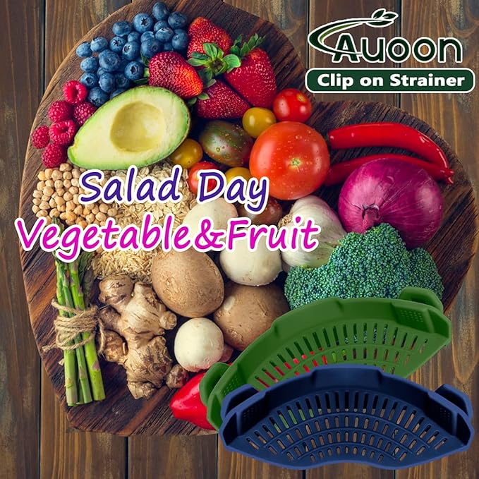 AUOON Clip On Strainer Silicone for All Pots and Pans, Pasta Strainer Clip on Food Strainer for Meat Vegetables Fruit Silicone Kitchen Colander (Navy)