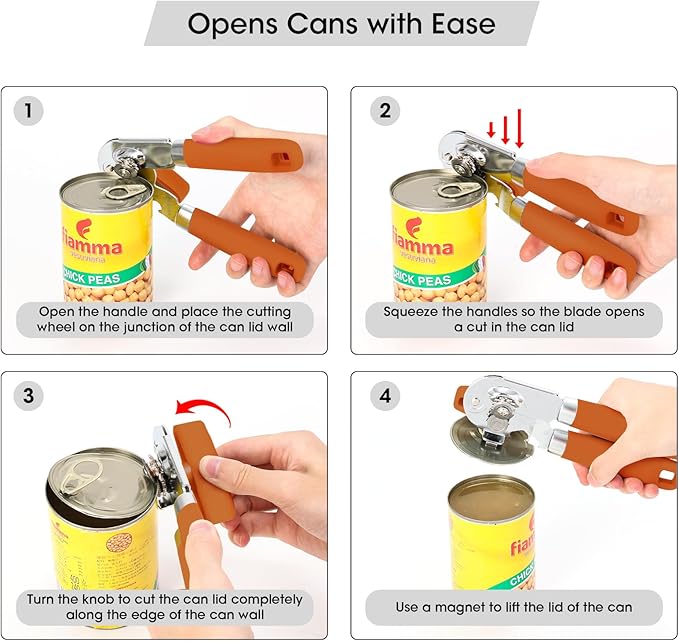 Beneno Heavy Duty Hand Can Opener Manual with Magnet, Durable Sharp Carbon Steel Blade Smooth Cutting, Big Effort-Saving Knob, Soft Grip Handle, Multifunctional Kitchen Tool with Bottle Opener, Orange