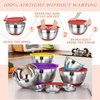 Umite Chef Mixing Bowls with Airtight Lids Set, 8PCS Stainless Steel Nesting Bowls Set, 3 Grater Attachments & Non-Slip Bottoms, Size 5, 4, 3.5, 2, 1.5QT for Baking & Mixing(Colorful)