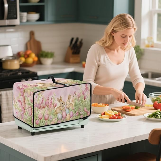 Easter Egg Bunny Tulip Print Toaster Oven Cover for Easter Decor, Dust-proof Case for Air Fryer, Heat-resistant Kitchen Countertop Appliance Protector, (Medium-16.1*19.71*10 inches)