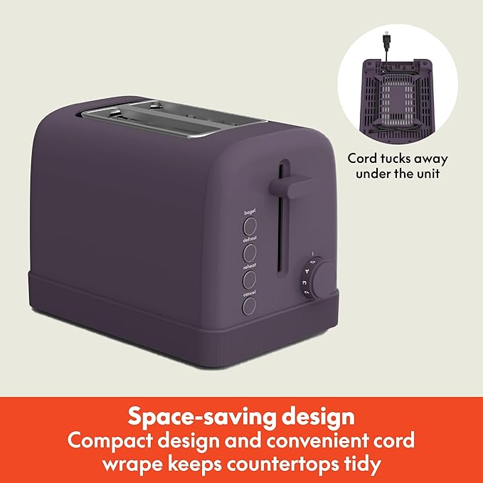 bella 2 Slice Toaster, 6 Setting Shade Control w Reheat, Cancel, Bagel & Defrost Buttons, Removable Crumb Tray, Anti Jam & Auto Shutoff, Auto Centering Guides & Cord Wrap, 900 Watt, Plum