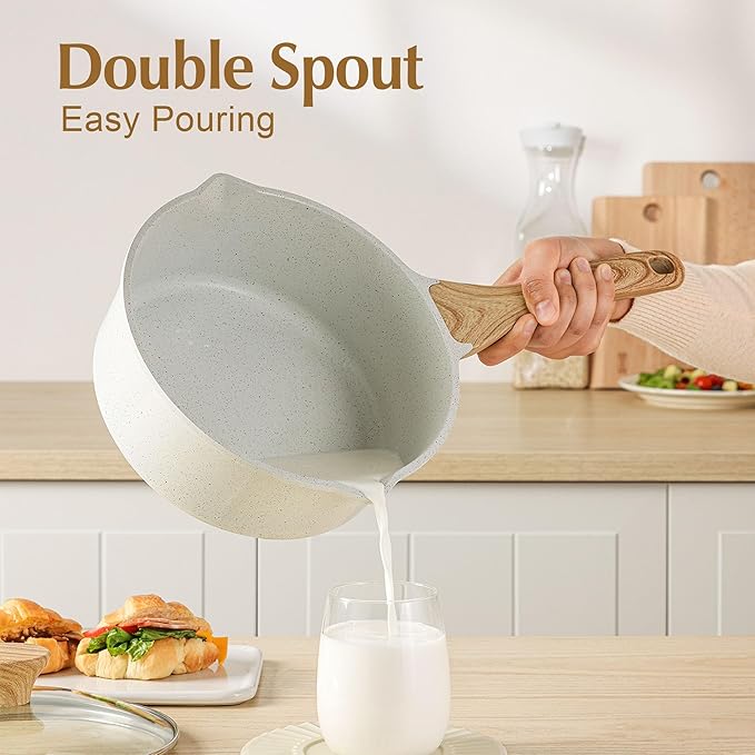 SENSARTE White Ceramic Nonstick Saucepan with Double Spout 3.0 Quarts, Cooking Pot with Stay Cool Handle, Induction Compatible Saucepot, White Granite Coating, Free of Intentionally Added PFOA/PFAS