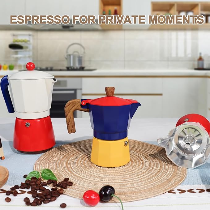 Aluminum 3 Cup 150ml Moka Pot Express Coffee Maker Stovetop Espresso Colorful Coffeemaker Italian Classic Style Brewing Greca Cafe Mocha Machine for Cafeteras Lover Camping Travel and Home Use 5oz
