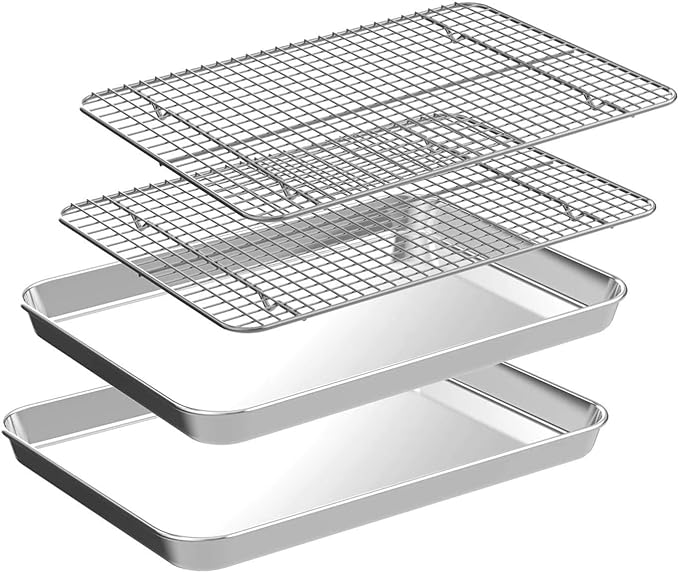 CEKEE 4 PCs Small Baking Sheet With Wire Rack Set [2 Pans + 2 Cooling Racks], 10 Inch Stainless Steel Tray - Rust & Warp Resistant, Easy Clean