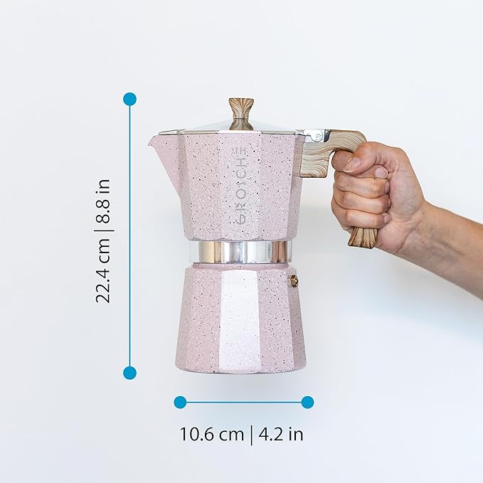 GROSCHE Milano Moka pot, Stovetop Espresso maker, Greca Coffee Maker, Stovetop coffee maker and espresso maker percolator (Pink, 9 cup)