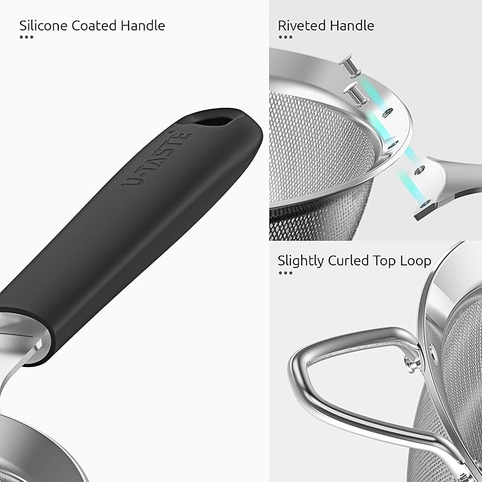 18/8 Stainless Steel Mesh Strainer: U-Taste 5.5 Inch Kitchen Fine Mesh Sieve Food Colander with Riveted Sturdy Silicone Handle and 30 Mesh Hole for Straining Flour, Pasta, Fruit, Quinoa (Black)