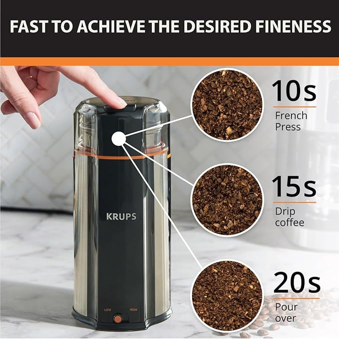 KRUPS: 3oz Coffee Grinder, Ultimate Silent Vortex Plastic and Stainless Steel Grinder with Removable Bowl Mess-Free, 8 Times Quieter, 2 Speeds 240 Watts,Dry Herbs,Dishwasher Safe,12 cups ground Silver