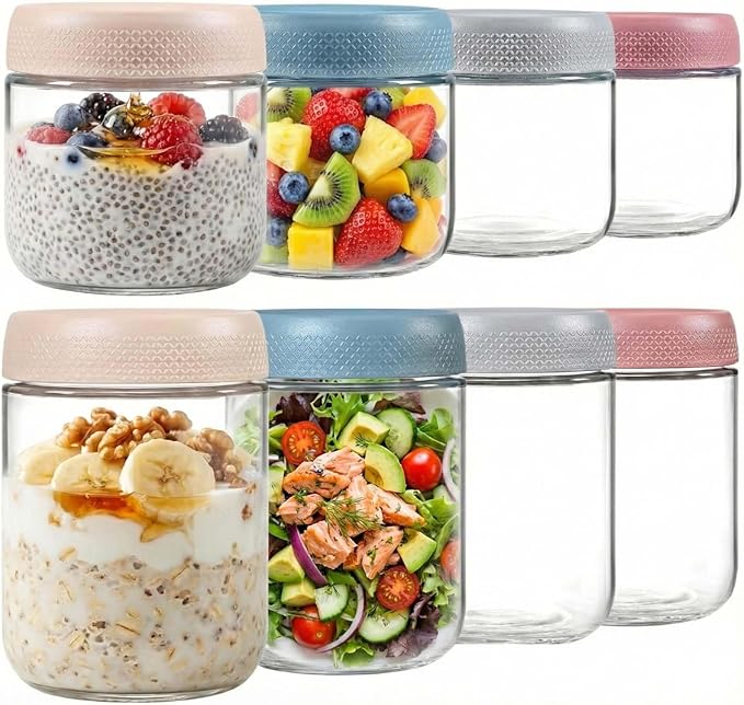 ColoVie 8 Pack Overnight Oats Containers with Lids, Chia Seed Pudding Jars, Stackable Mason Jars with Airtight Lids, Meal Prep, Wide Mouth Glass Food Storage for Snacks Yogurt Spice Sugar, 16oz 10 oz