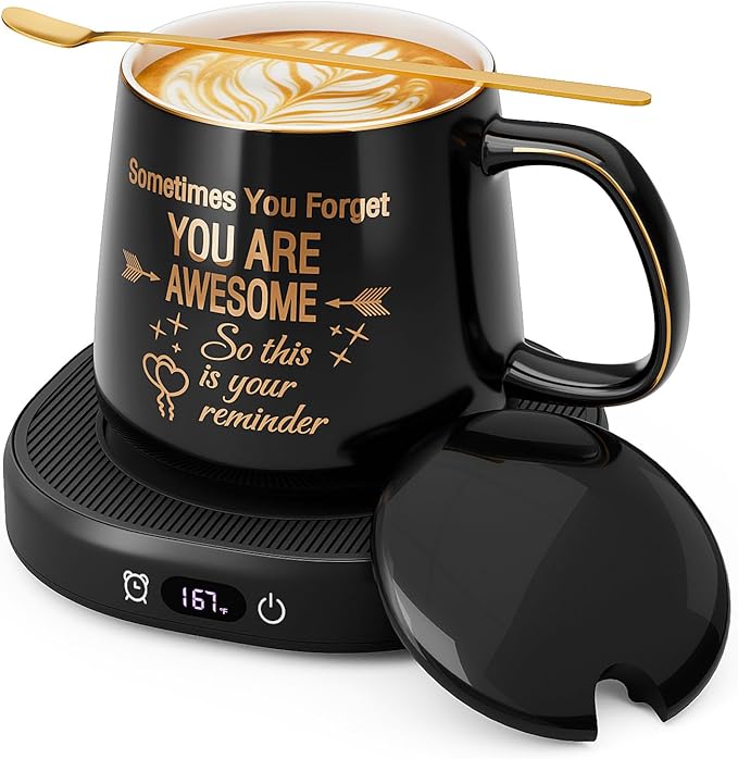 Coffee Mug Warmer & You are Awesome Mug Set, Electric Cup Warmer for Desk, Beverage Warmer with 4 Temperature Setting, 8-Hours Auto Shut Off