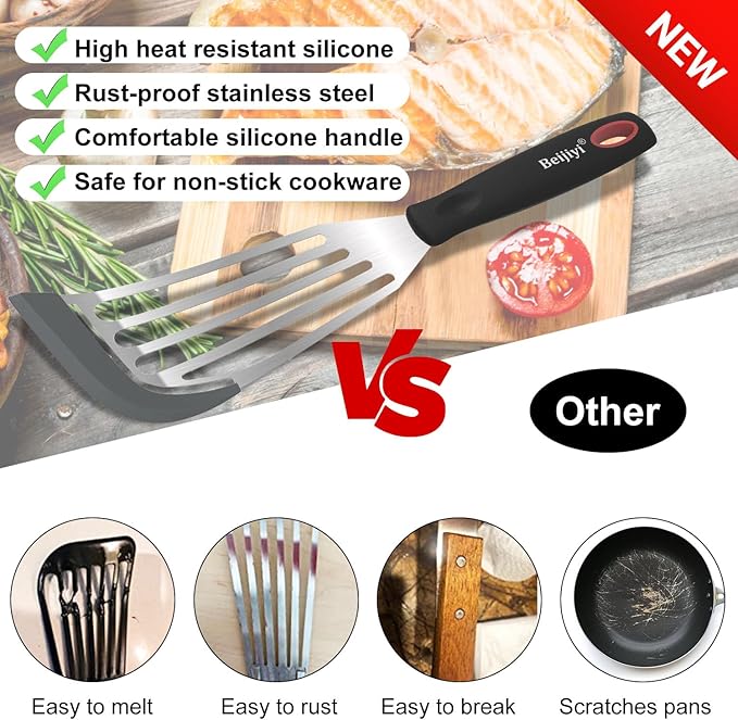 Beijiyi Heat Resistant Silicone Fish Spatulas, 2-Piece Slotted Fish Turner Spatula Set for Non Stick Frying Pan, Kitchen Cooking Utensils Flexible Thin Egg Flipper, 12.3" & 10.6", Gray Silicone Edge