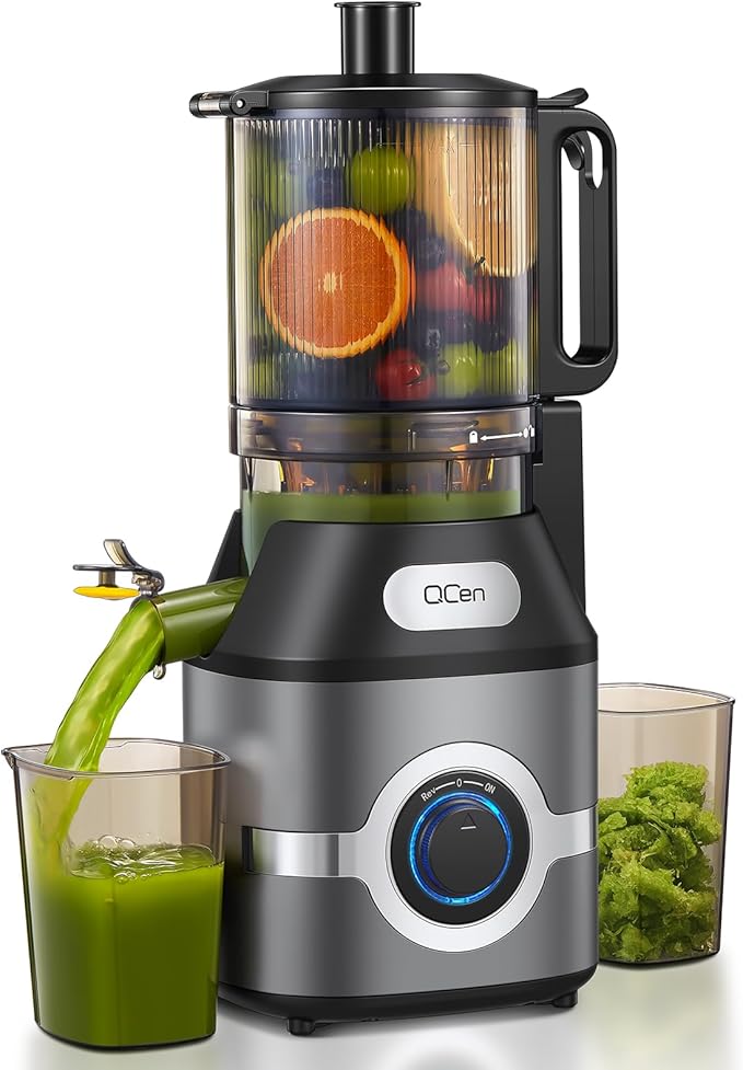 QCen Cold Press Juicer, 5.5” Wide Feed Chute Slow Masticating Juicer Machine for Whole Fruits and Vegetables, Easy to Clean (Gray)