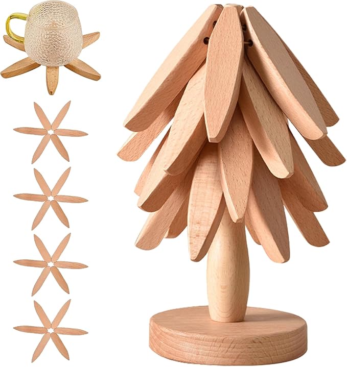 Wooden Trivets for Hot Dishes, Tree Shape Trivet Set, 4 Walnut Wood + 1 Stand stored Like a Christmas Tree,Foldable Kitchen Wooden Trivet,for Hot Dishes、Pot、Bowl、Teapot、Hot Pot Holder(Beech Wood)